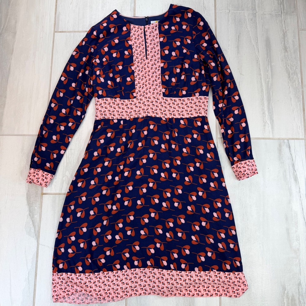 Boden Navy Blue Pink Leaf Print Long Sleeve Viscose Dress W0028 US 8R UK 12R